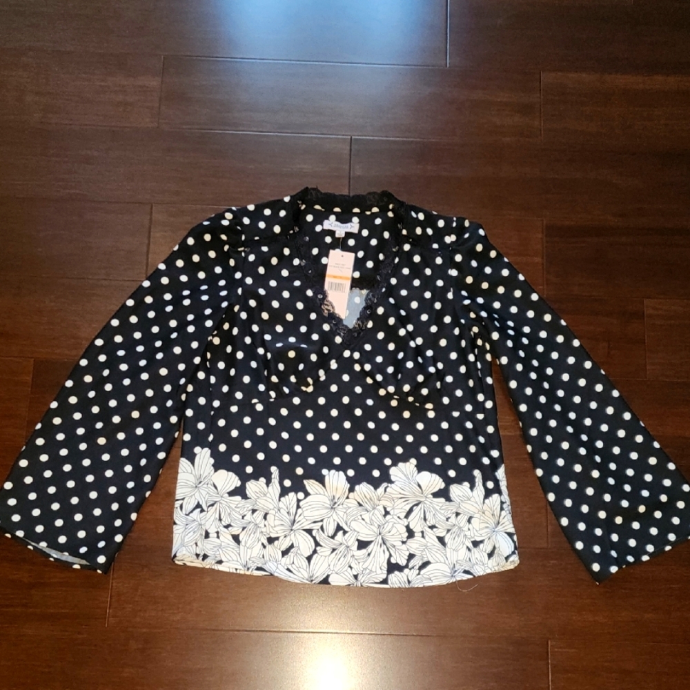 Nannette Lepore Womens Floral Polka Dot Blouse Lace Accents Small or medium NWT